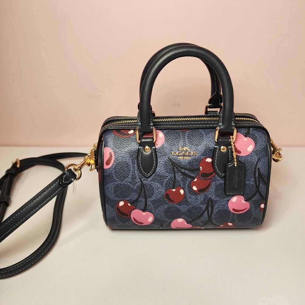 NWT Coach CY741 Mini Rowan Crossbody Bag Signature Cherry Print Denim Blue